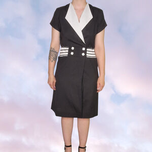 50s Vtg Kevin Stuart Petite Black White Mod Midi Business Collared Dress Sz Sm